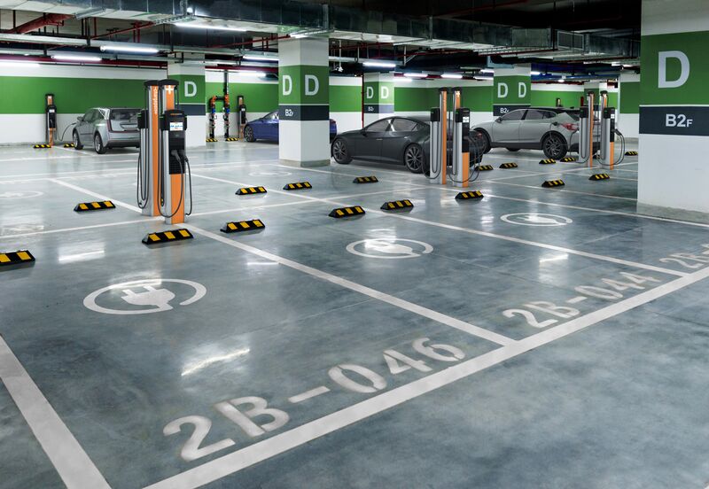 ChargePoint CP6000 stations in an underground parking garage