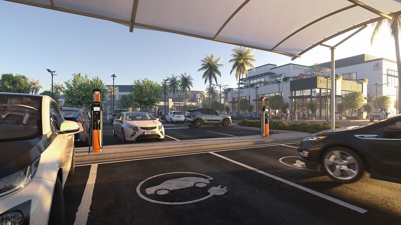 ChargePoint CP6000 pedestal stations in a surface parking lot